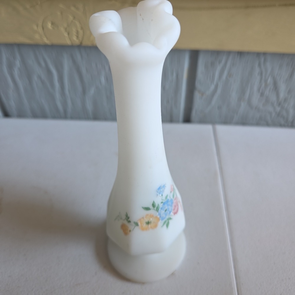 Vintage Fenton Custard Glass Swung Vase Hand Painted Florals Glitter Signed